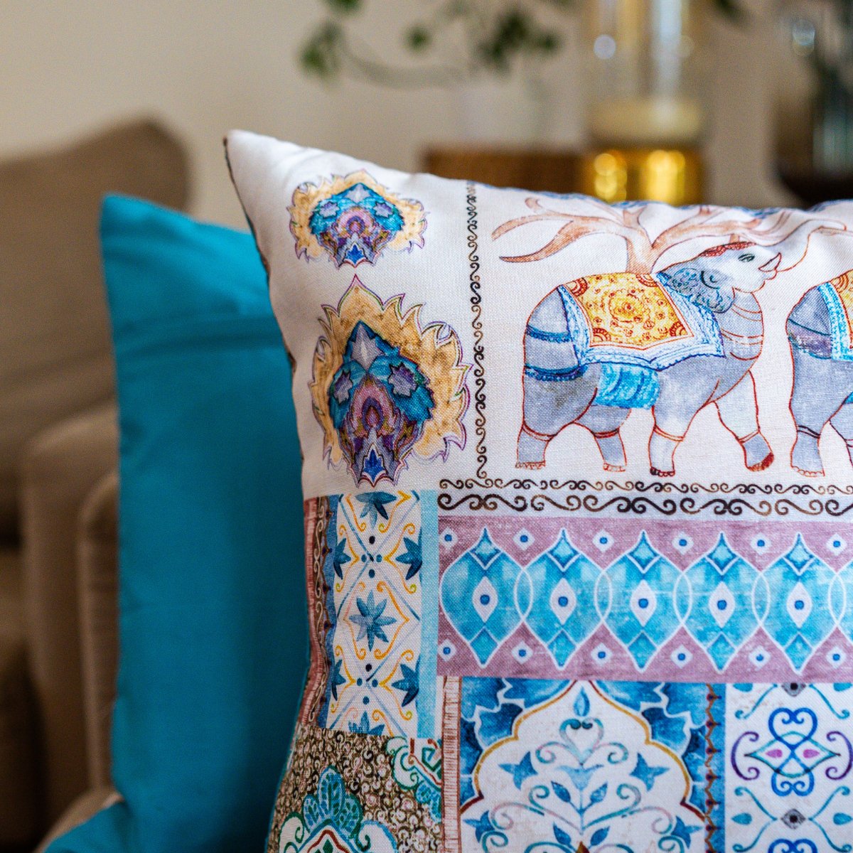 Royal Garden Blue Elephant Print Cushion Covers, 16" x 16", Pack of 2 - Coral Slub -